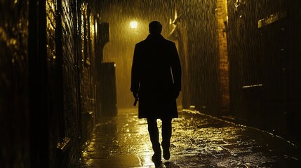 Shadowy silhouette of a mystery man in a rainy alleyway illuminated by distant streetlights