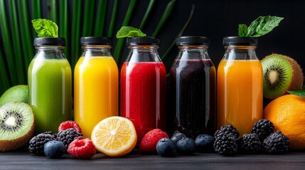 Colorful assortment of fresh fruit juices in glass bottles, showcasing vibrant green, yellow, red, black, and orange hues with berries.