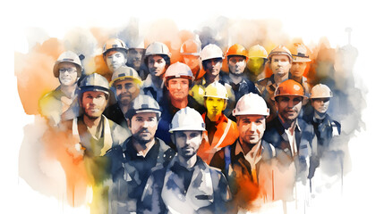 A group of diverse construction workers wearing hard hats, painted in a watercolor style.