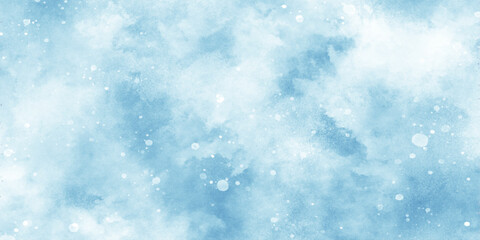 Abstract blue background with snowflakes floating randomly, blue grunge texture with bokeh, beautiful blue watercolor background with glitter particles, light blue bokeh background for design.