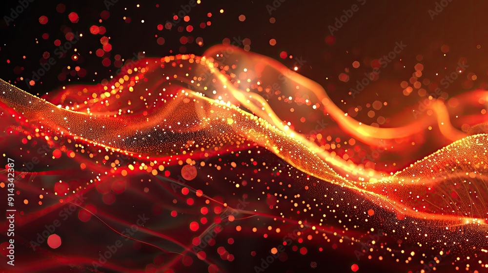Poster dynamic abstract waves of red light with sparkling particles create a vibrant and energetic atmosphe
