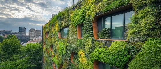 Harmonious urban garden with vertical green walls and sustainable architecture blending into the cityscape