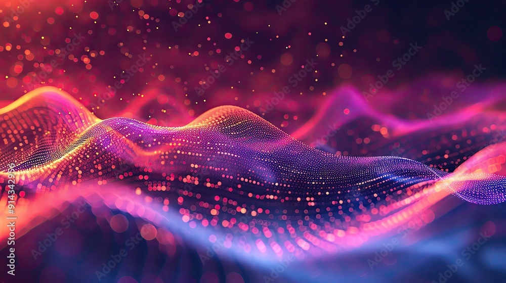 Poster abstract wave patterns with vibrant colors and glowing particles creating a dynamic visual experienc