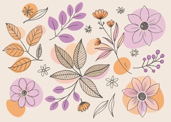 Colorful background of flowers and leaves. Floral summer pattern wallpaper background print design