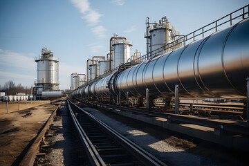 Naklejka premium A line of large industrial storage tanks sit along a railway line, with the metal tanks reflecting the blue sky.