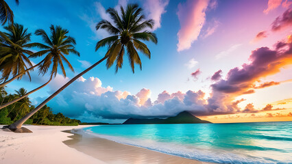 Fototapeta premium Sunny tropical beach with palm trees and clear blue ocean