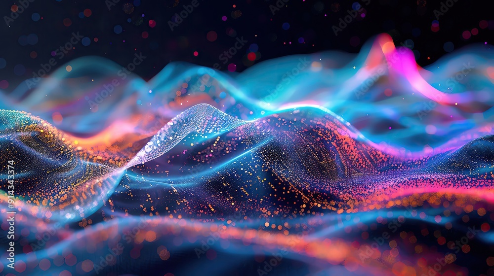 Poster a colorful abstract visualization of waves with vibrant colors and glowing particles, creating a mes