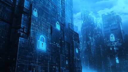 Futuristic Cityscape with Glowing Padlocks and Circuitry