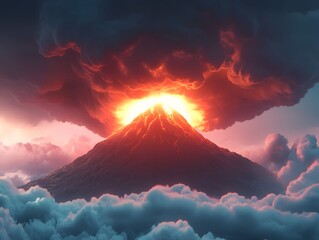 Volcanic eruption with fiery red glow and dark smoke billowing into the sky.