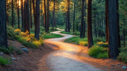 Obraz premium Enchanting Forest Path Illuminated by Golden Sunlight in a Serene Pine Forest