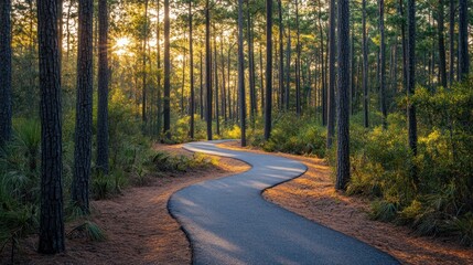 Obraz premium Serene Bicycle Path Winding Through a Tranquil Pine Forest at Dawn