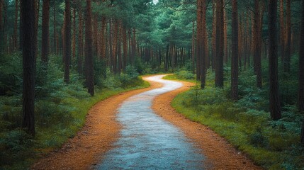 Obraz premium A Serene Bicycle Path Winding Through a Lush, Tranquil Pine Forest