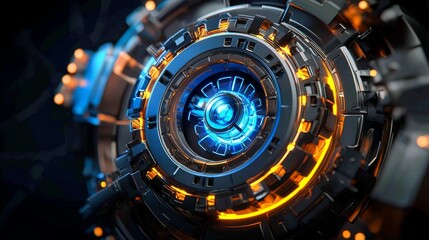 Futuristic technology artwork featuring a glowing blue core surrounded by intricate metallic details and vibrant orange accents.