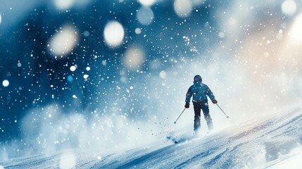 Skier skiing on a snowy mountain slope during the day. The skier, dressed in athletic gear and a bright helmet.