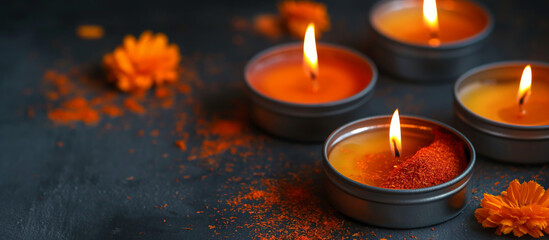Diwali theme with candles in metal tins filled with orange sand, decorated with marigolds. The scene is set against a dark grey background, creating a warm, festive ambiance