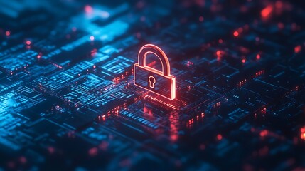 A Neon Red Padlock on a Blue Circuit Board