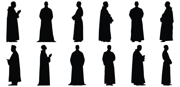 Priest silhouettes set, clergy pack of vector silhouette design, isolated background