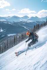 Skier skiing on a snowy mountain slope during the day. The skier, dressed in athletic gear and a bright helmet.