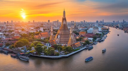 Fototapeta premium Wat Arun temple Bangkok during sunset in Thailand. Chao praya river