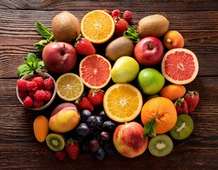 Fresh Assorted Fruits on Rustic Wooden Background