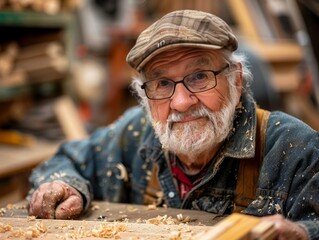 A senior man engaged in a woodworking class, crafting a piece of furniture
