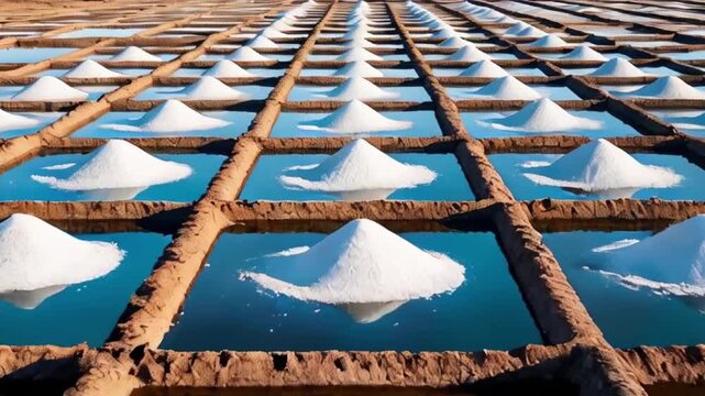 Salt field ready to be harvest in salt farm. Ai Generative.