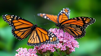 Fototapeta premium Two vibrant butterflies perched delicately on a colorful flower, showcasing nature's beauty and intricate details.