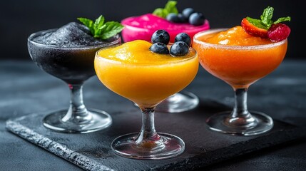 Vibrant frozen cocktails served in elegant glasses, showcasing a variety of flavors and colorful garnishes for a refreshing treat.
