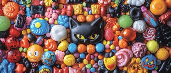 Halloween Candy Fun Colorful Collection of Playful Treats with Witches, Black Cats, and Haunted Houses for Stock Photography