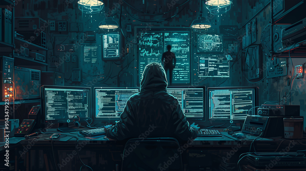 Wall mural a young programmer sitting at a computer with several monitors, working on the development of new te