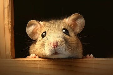 Fototapeta premium A cute mouse looks out of a wooden box