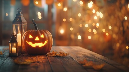 Obraz premium A Halloween pumpkin with burning lanterns on a wooden table against blurred lights and a dark background