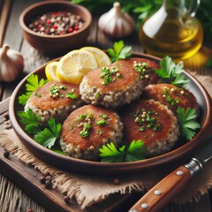 Fototapeta premium Savory ukrainian buckwheat cutlets garnished with fresh parsley, served on a rustic plate over a wooden table.