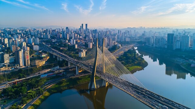 Aerial view of the famous cable-stayed bridge of Sao Paulo city