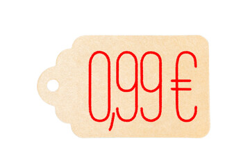 Price tag for €0.99 handwritten on white background. Price discount.