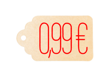 Price tag for €0.99 handwritten on white background. Price discount.