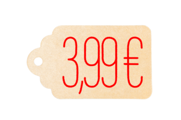 Price tag for 3,99 € isolated on white background. Cheap shopping.