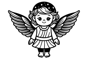 Flying angel cupid with a shotgun in outline style. Black and white logo or icon flying cute cupid angel with a halo over his head and weapons. Cartoon isolated logo on white background. Vector