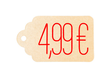 A 4,99 euros handwritten label. Low prices. Price tag.