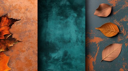 Panoramic autumn background featuring dried leaves on textured surfaces, offering ample space for text and design elements