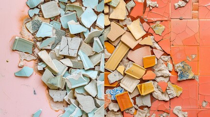 Fototapeta premium Chipped and cracked tiles showcase vibrant colors and textures in a neglected area