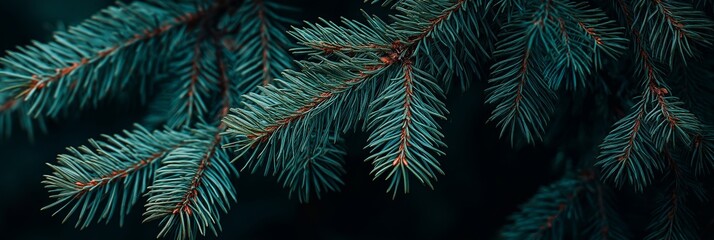 Close-up of pine needles on a branch with soft background, showcasing natural beauty of forest. Perfect for winter, christmas, or holidays