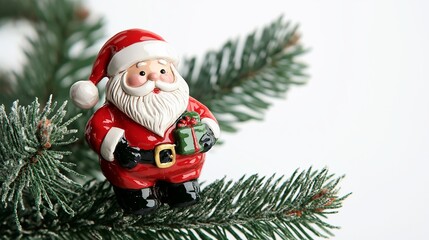Obraz premium Festive ceramic santa claus figurine perched on a christmas tree branch, holding a gift. The traditional holiday symbol in vibrant red, white, and green colors against a winter backdrop