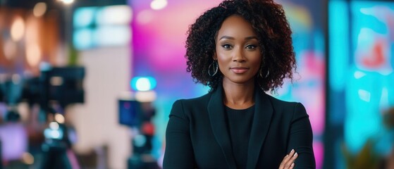 Black media presenter hosting a lively talk show with engaging conversation and captivating on-screen graphics