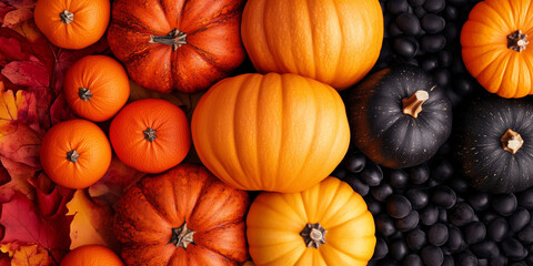 Pumpkins and autumn leaves. Minimalist Abstract Artwork in Deep Orange, Charcoal Black, and Bright White &ndash; Perfect for Halloween-Inspired Designs