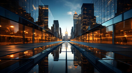 A view of city skyline reflected in glass panels.