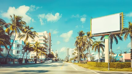 Naklejka premium Sunny Coastal Drive Along Palm Tree Lined Streets in Miami During Midday