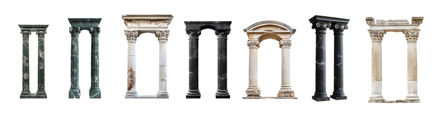 Ancient arched columns with decorative elements. Medieval pillar isolated on transparent PNG background. Historic Roman and Greek relics. Antique architectural structures from the past.