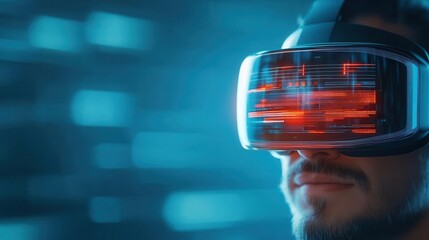 A close-up of a man wearing a futuristic virtual reality headset, exploring immersive technology in a digital environment.