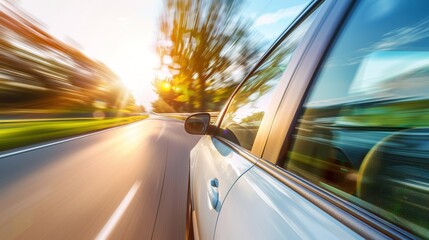 Obraz premium Car Driving Along A Scenic Road With Blurred Background In Golden Sunset Light